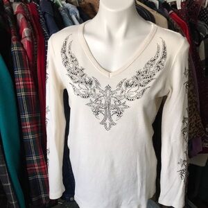 Vintage Y2K McBling Rhinestone Cross Henley Waffle Knit Top Reba Made in USA